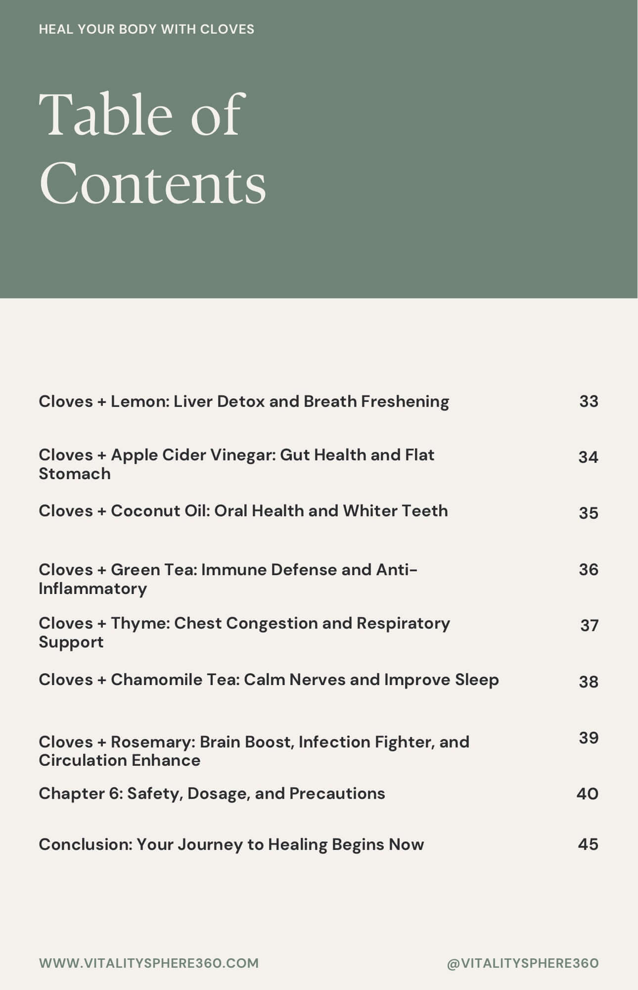 Contents page of herbal remedy guide – natural healing with cloves