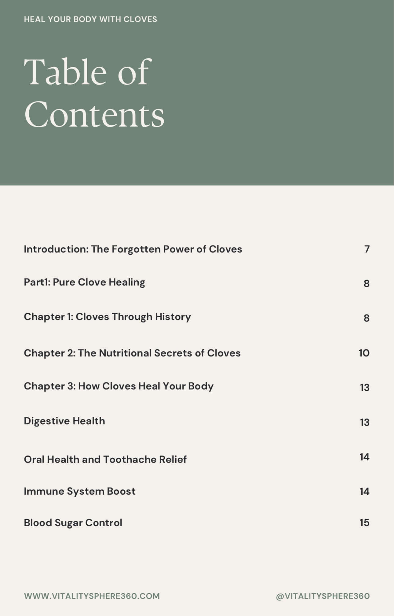 Table of contents from Heal Your Body with Cloves eBook – list of herbal topics