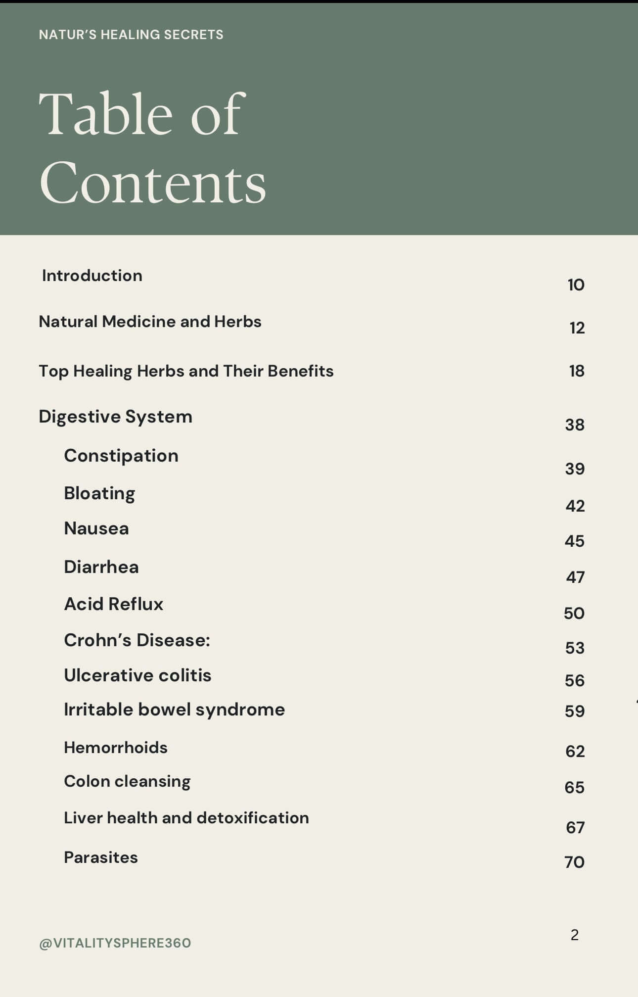 Nature’s Healing Secrets eBook – Table of Contents page 1 with herbal remedies