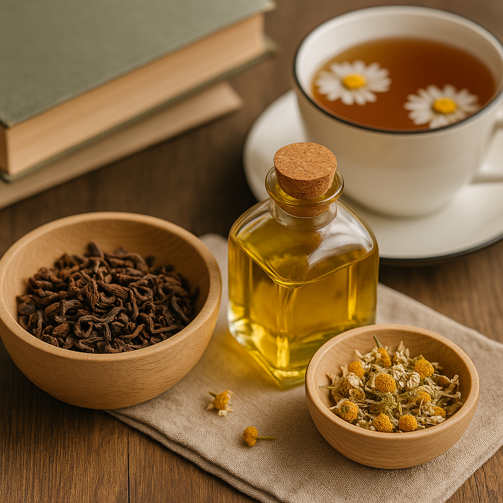 Spices and herbal tea on wooden tray – natural ingredients for healing and wellness