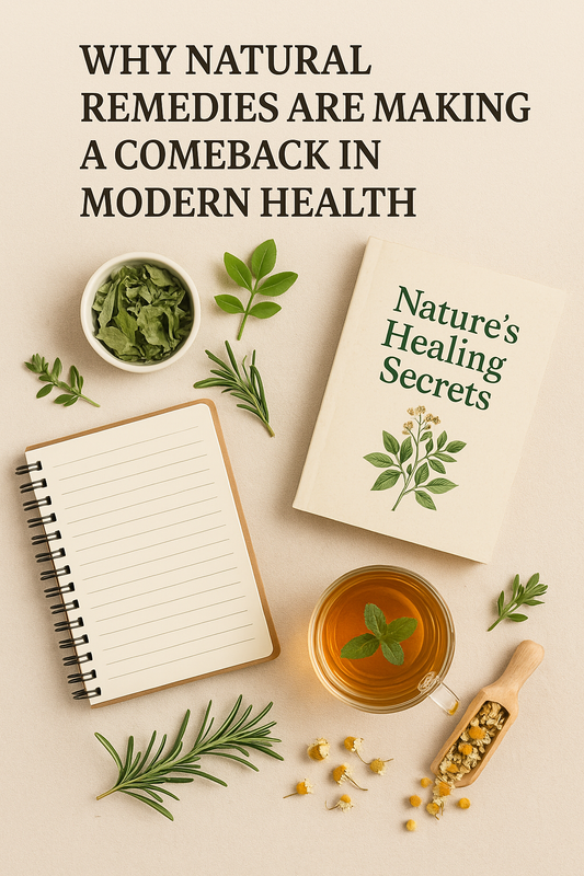 Image of herbs, notebook, and tea – cover photo for article on natural remedies returning to modern health