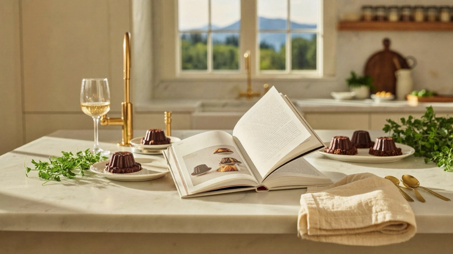 Molded chocolate cakes plated on marble in a sunlit kitchen