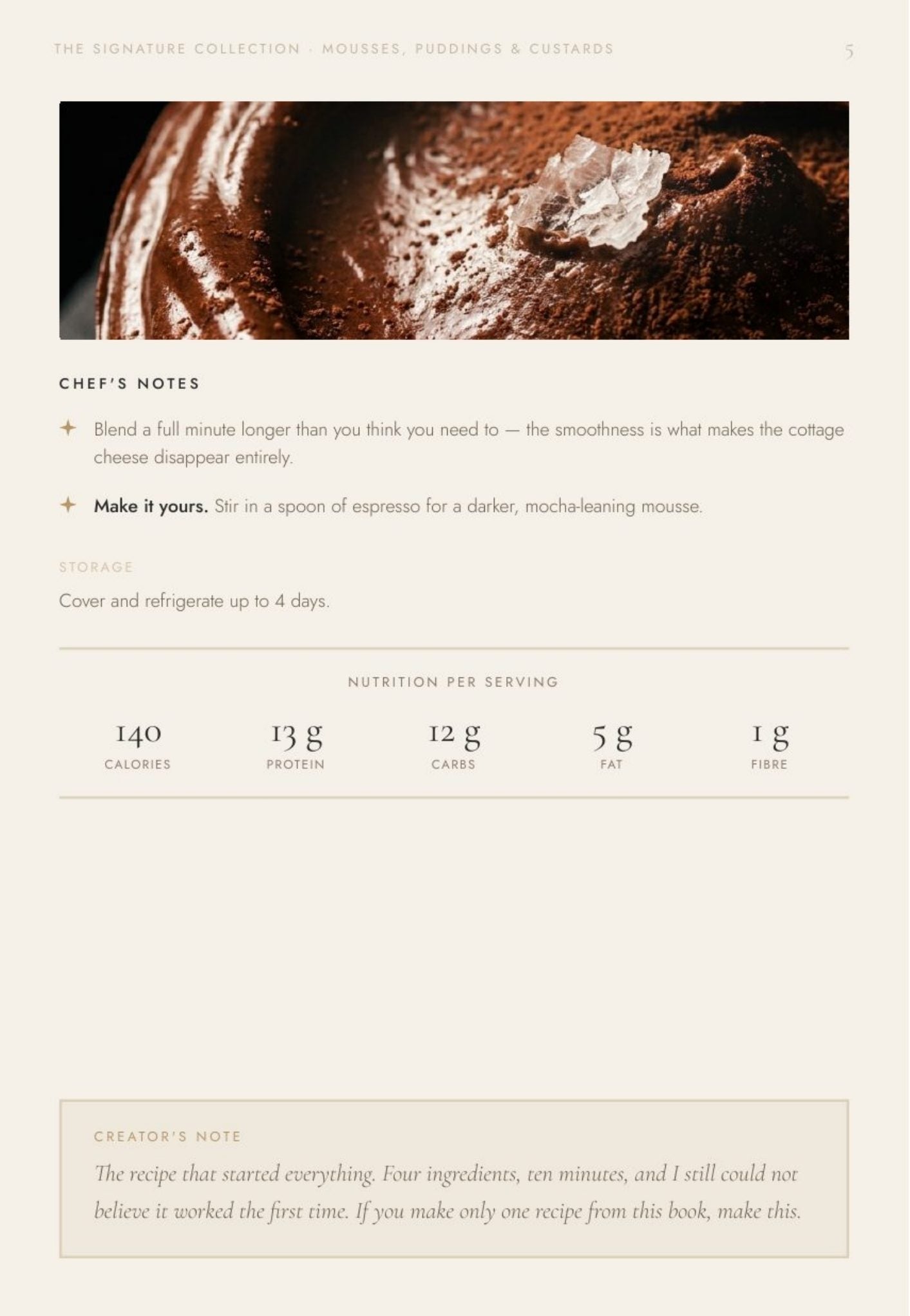 Chef’s notes, storage, per-serving macros and a Creator’s Note