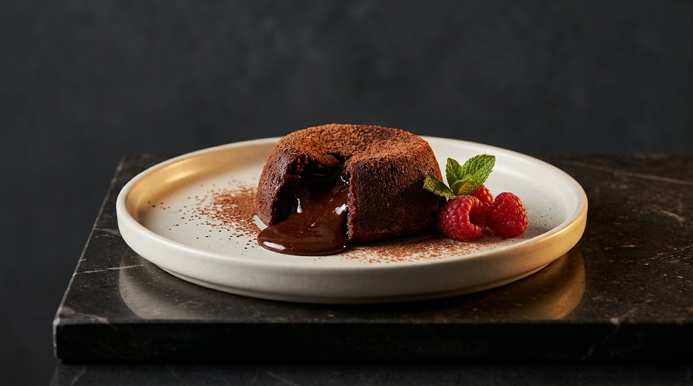 Molten dark chocolate lava cake with a flowing centre, cocoa dust and fresh raspberries